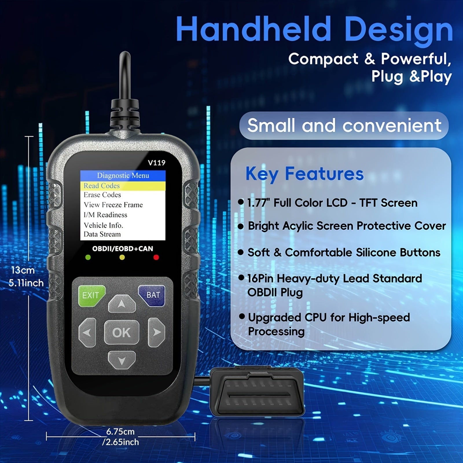 V119 OBD2 Scanner Car Diagnostic Code Reader with Voltage Test, USB-Powered Engine Fault Scan Tool, EOBD CAN Diagnostic for OBDII Vehicles, 13 Language Support, Non-Wireless, ≤36V Operation