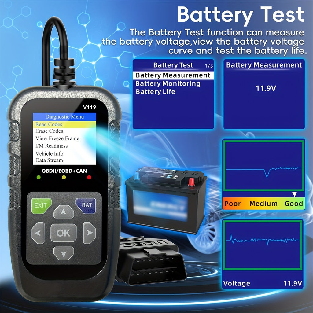 V119 OBD2 Scanner Car Diagnostic Code Reader with Voltage Test, USB-Powered Engine Fault Scan Tool, EOBD CAN Diagnostic for OBDII Vehicles, 13 Language Support, Non-Wireless, ≤36V Operation