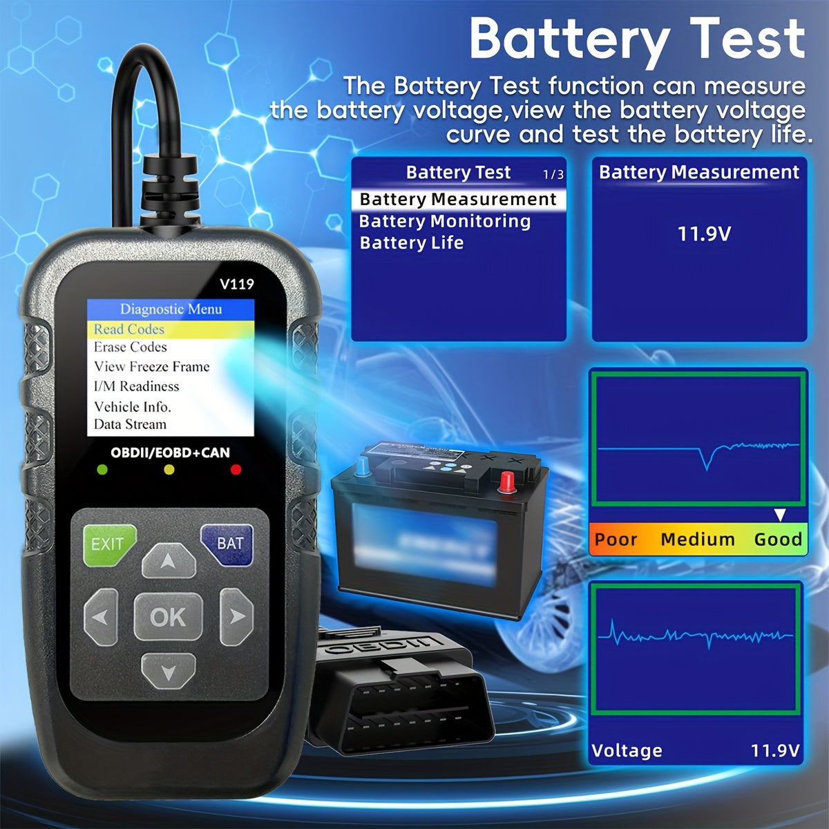 V119 OBD2 Scanner Car Diagnostic Code Reader with Voltage Test, USB-Powered Engine Fault Scan Tool, EOBD CAN Diagnostic for OBDII Vehicles, 13 Language Support, Non-Wireless, ≤36V Operation