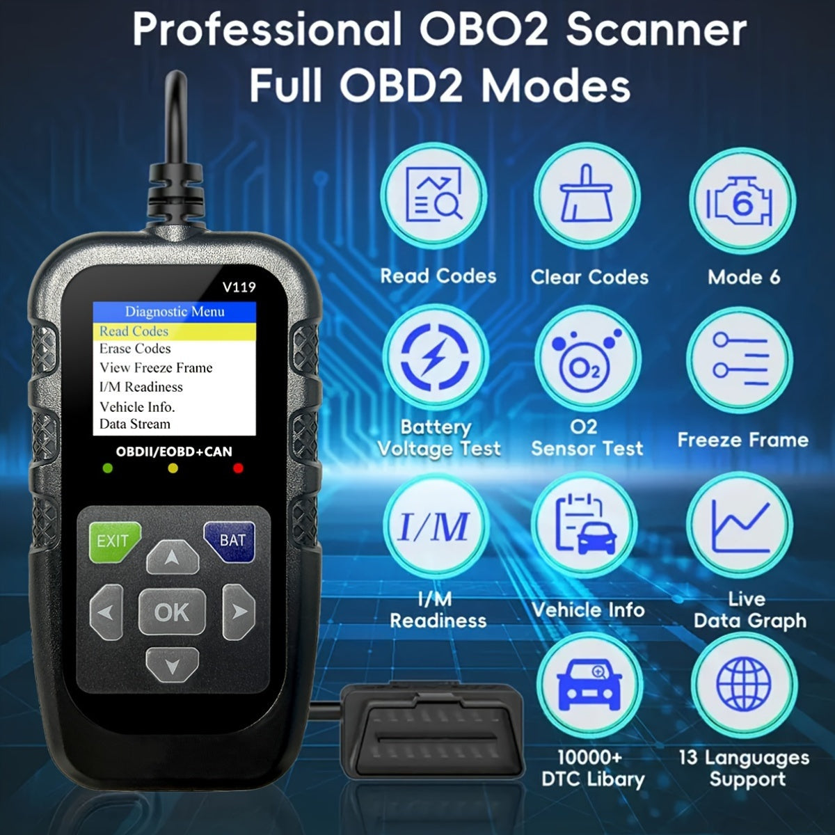V119 OBD2 Scanner Car Diagnostic Code Reader with Voltage Test, USB-Powered Engine Fault Scan Tool, EOBD CAN Diagnostic for OBDII Vehicles, 13 Language Support, Non-Wireless, ≤36V Operation