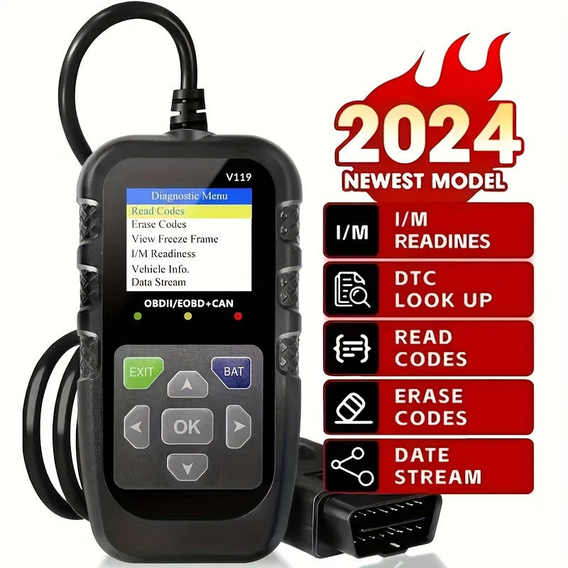 V119 OBD2 Scanner Car Diagnostic Code Reader with Voltage Test, USB-Powered Engine Fault Scan Tool, EOBD CAN Diagnostic for OBDII Vehicles, 13 Language Support, Non-Wireless, ≤36V Operation