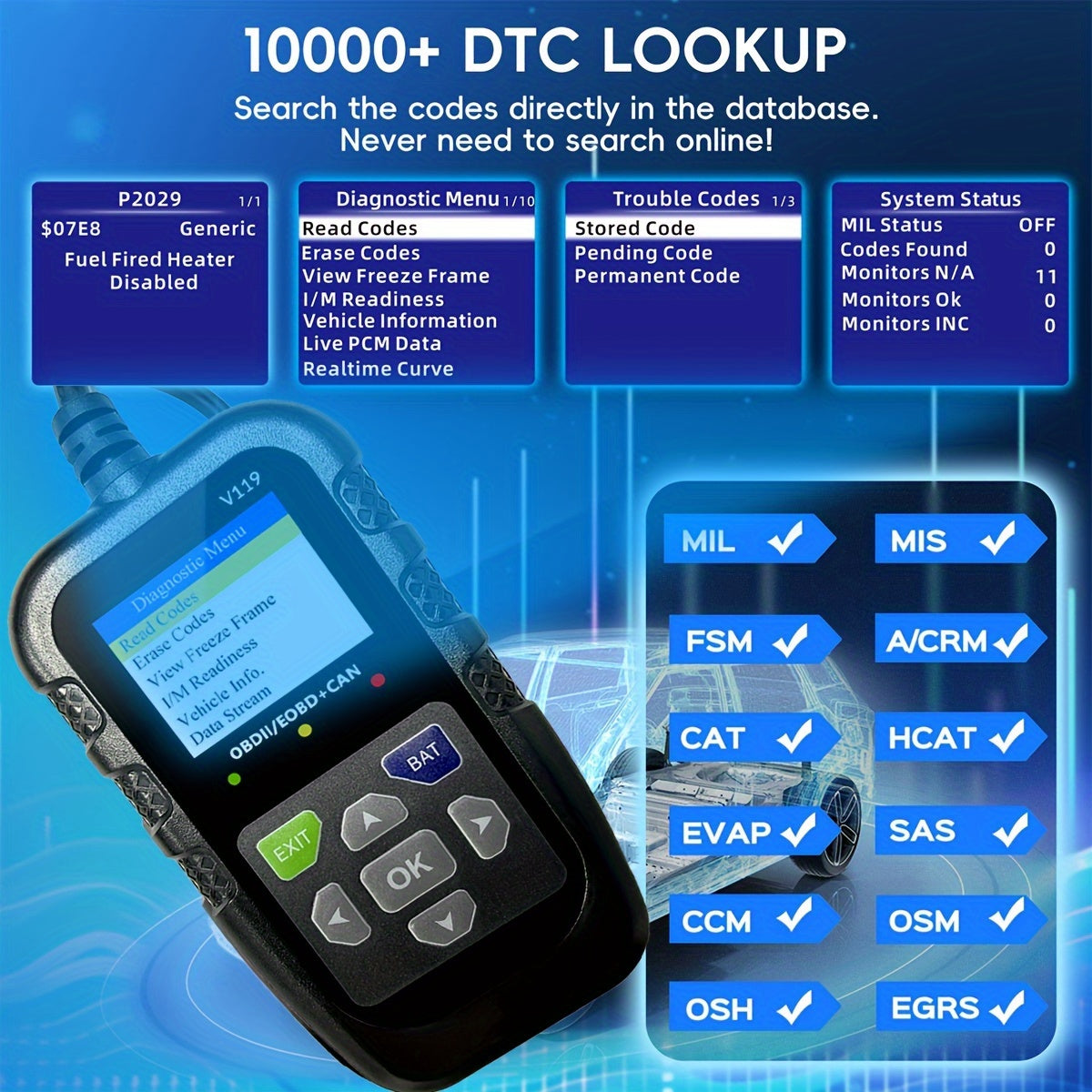 V119 OBD2 Scanner Car Diagnostic Code Reader with Voltage Test, USB-Powered Engine Fault Scan Tool, EOBD CAN Diagnostic for OBDII Vehicles, 13 Language Support, Non-Wireless, ≤36V Operation
