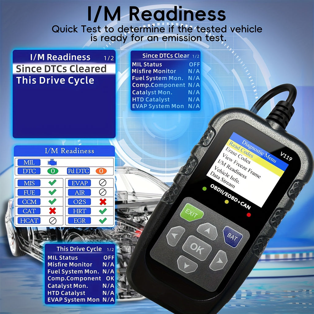 V119 OBD2 Scanner Car Diagnostic Code Reader with Voltage Test, USB-Powered Engine Fault Scan Tool, EOBD CAN Diagnostic for OBDII Vehicles, 13 Language Support, Non-Wireless, ≤36V Operation