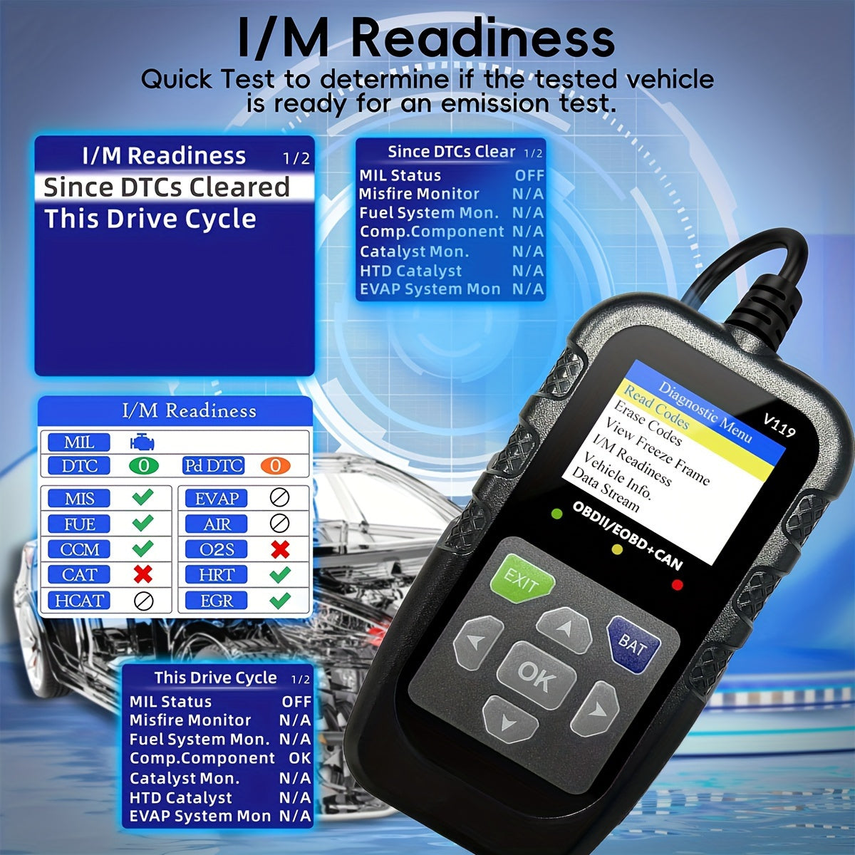 V119 OBD2 Scanner Car Diagnostic Code Reader with Voltage Test, USB-Powered Engine Fault Scan Tool, EOBD CAN Diagnostic for OBDII Vehicles, 13 Language Support, Non-Wireless, ≤36V Operation