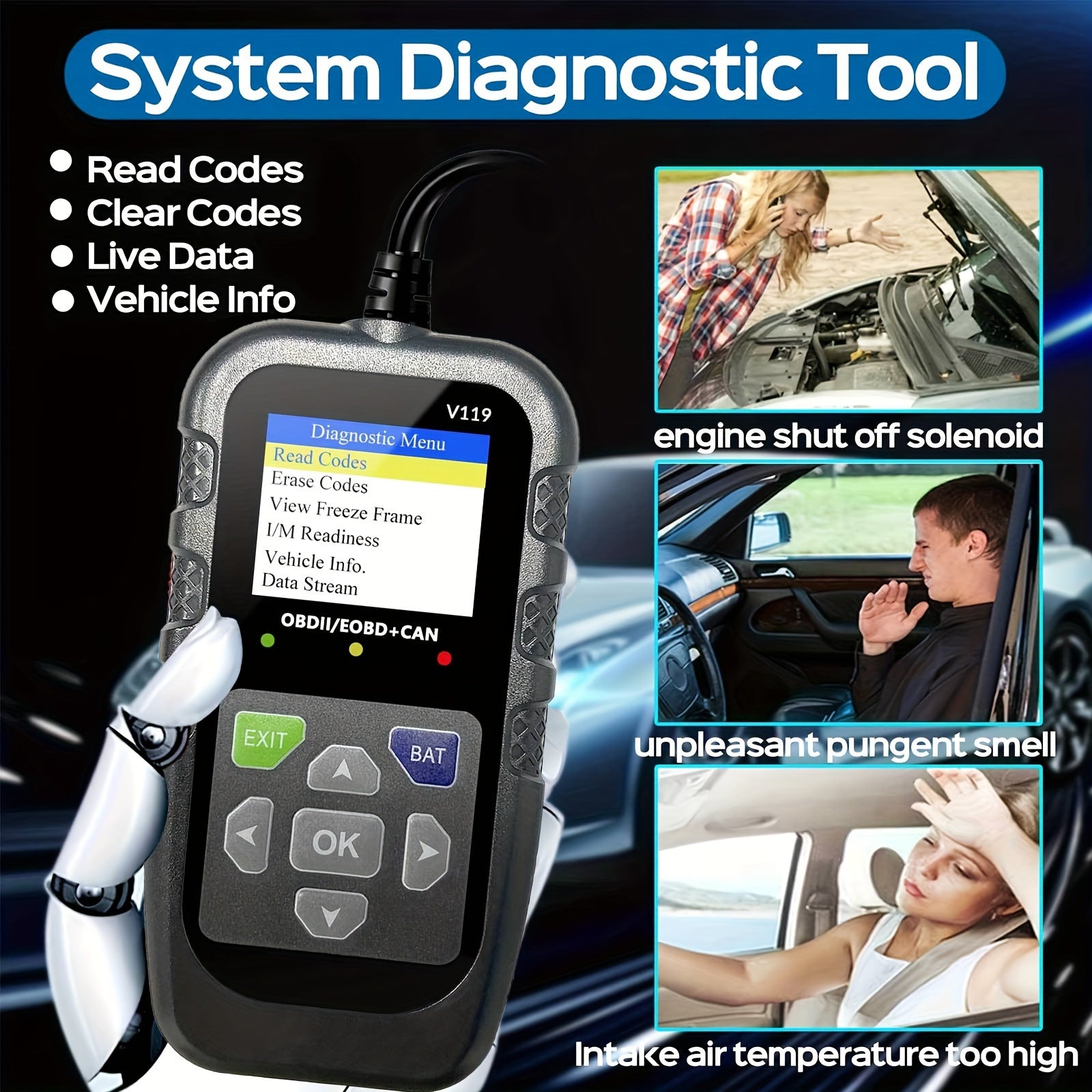 V119 OBD2 Scanner Car Diagnostic Code Reader with Voltage Test, USB-Powered Engine Fault Scan Tool, EOBD CAN Diagnostic for OBDII Vehicles, 13 Language Support, Non-Wireless, ≤36V Operation