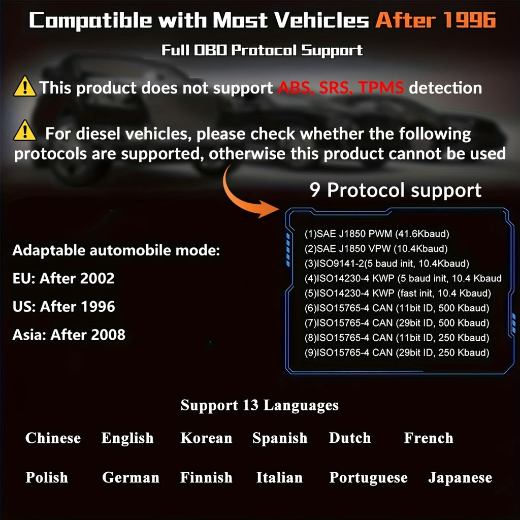 V119 OBD2 Scanner Car Diagnostic Code Reader with Voltage Test, USB-Powered Engine Fault Scan Tool, EOBD CAN Diagnostic for OBDII Vehicles, 13 Language Support, Non-Wireless, ≤36V Operation