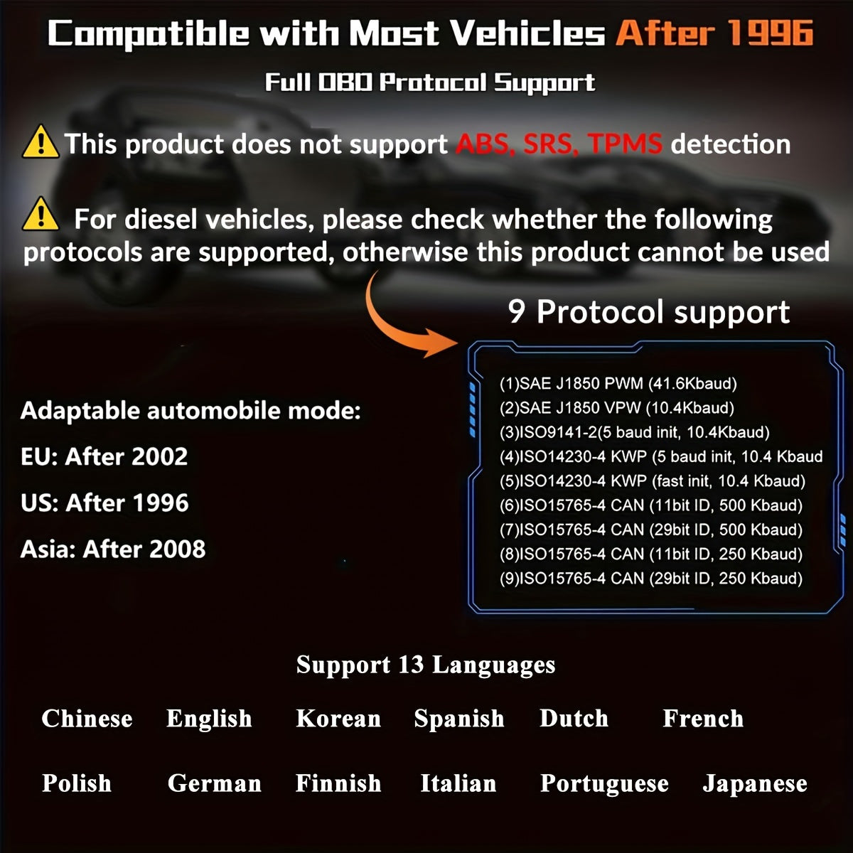 V119 OBD2 Scanner Car Diagnostic Code Reader with Voltage Test, USB-Powered Engine Fault Scan Tool, EOBD CAN Diagnostic for OBDII Vehicles, 13 Language Support, Non-Wireless, ≤36V Operation