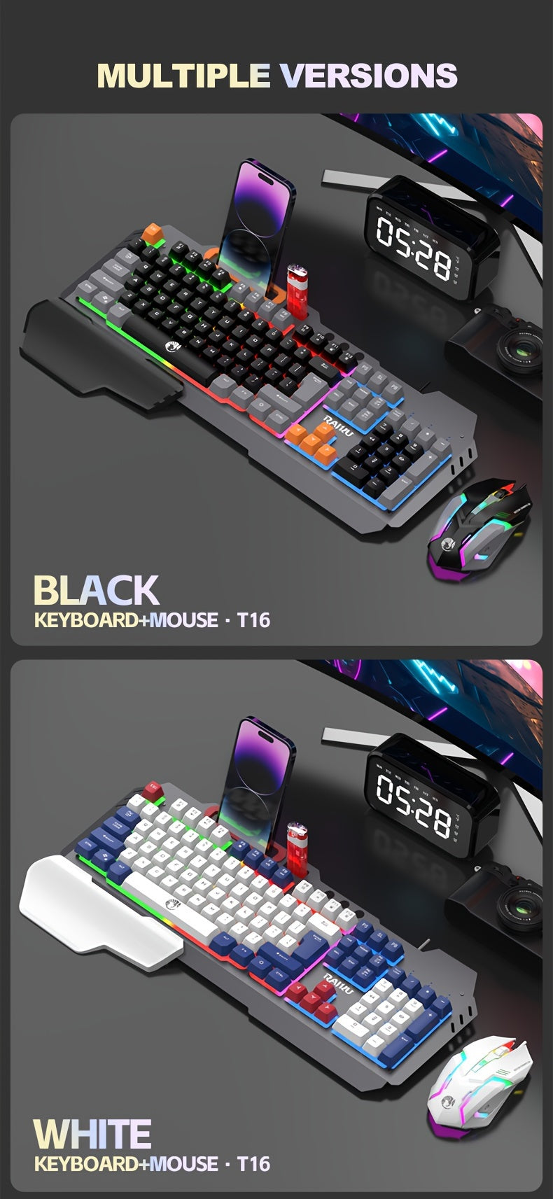 Three Colors Block Wired Keyboard And Mouse Set, Gaming Mechanical Wired Keyboard And Mouse Set Optical Backlit Gaming Keyboard Set For Gaming/Office/Laptop