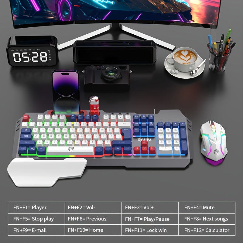 Three Colors Block Wired Keyboard And Mouse Set, Gaming Mechanical Wired Keyboard And Mouse Set Optical Backlit Gaming Keyboard Set For Gaming/Office/Laptop