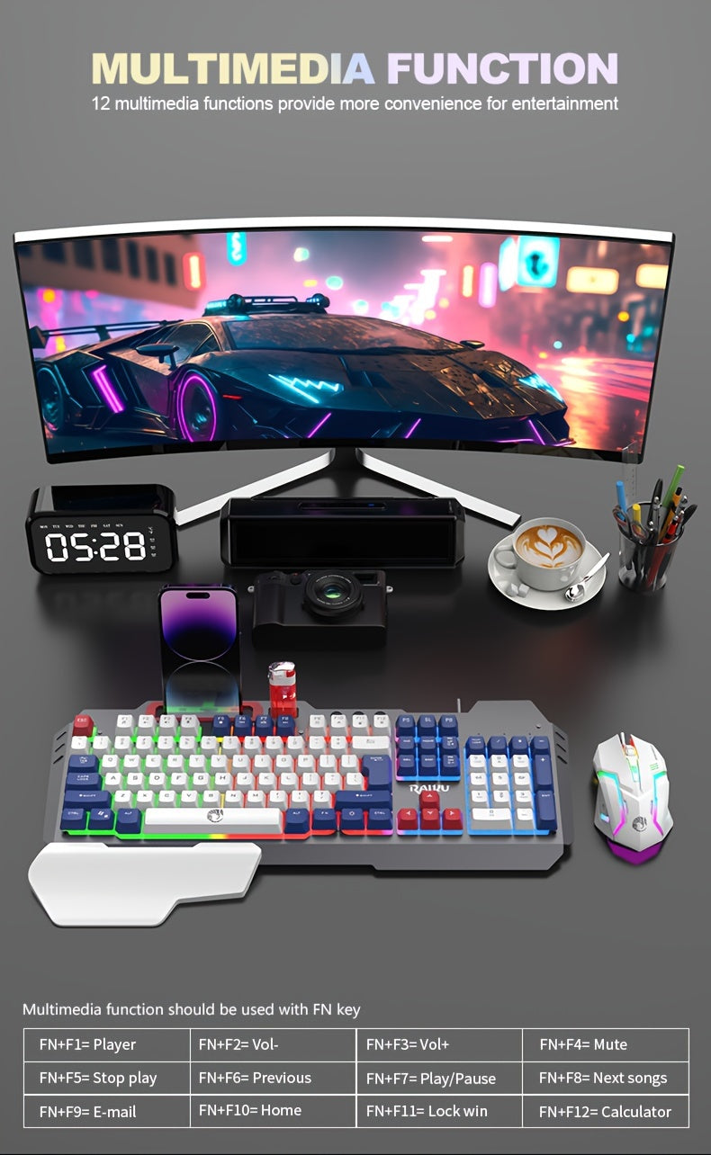 Three Colors Block Wired Keyboard And Mouse Set, Gaming Mechanical Wired Keyboard And Mouse Set Optical Backlit Gaming Keyboard Set For Gaming/Office/Laptop