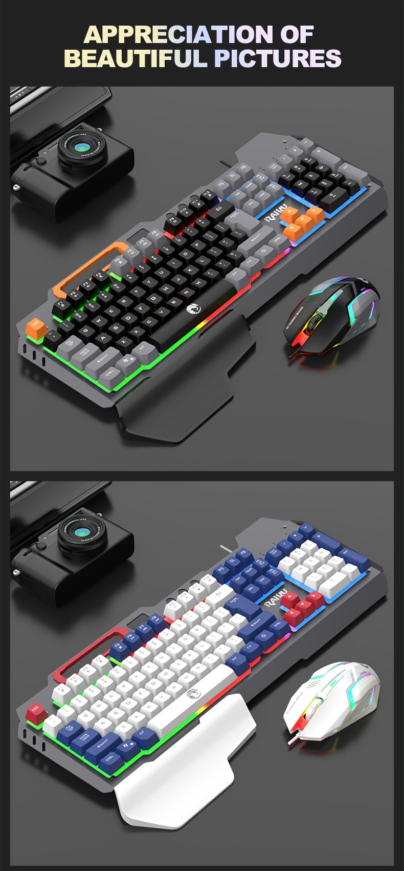 Three Colors Block Wired Keyboard And Mouse Set, Gaming Mechanical Wired Keyboard And Mouse Set Optical Backlit Gaming Keyboard Set For Gaming/Office/Laptop