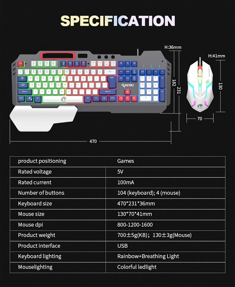 Three Colors Block Wired Keyboard And Mouse Set, Gaming Mechanical Wired Keyboard And Mouse Set Optical Backlit Gaming Keyboard Set For Gaming/Office/Laptop