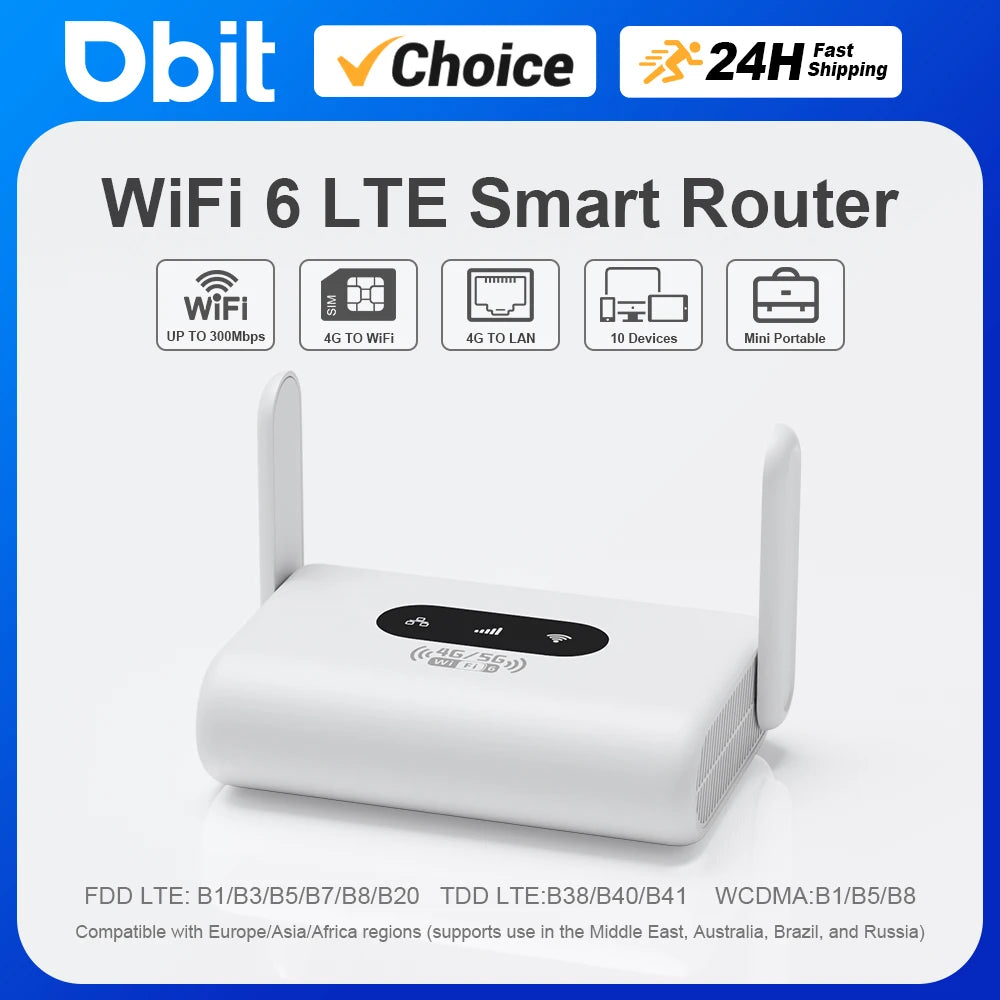 WiFi6 Router 4G LTE Router 300Mbps Modem 4G WiFi Portable Router Compatible with Non-Contract 5G SIM Cards Plug and Play