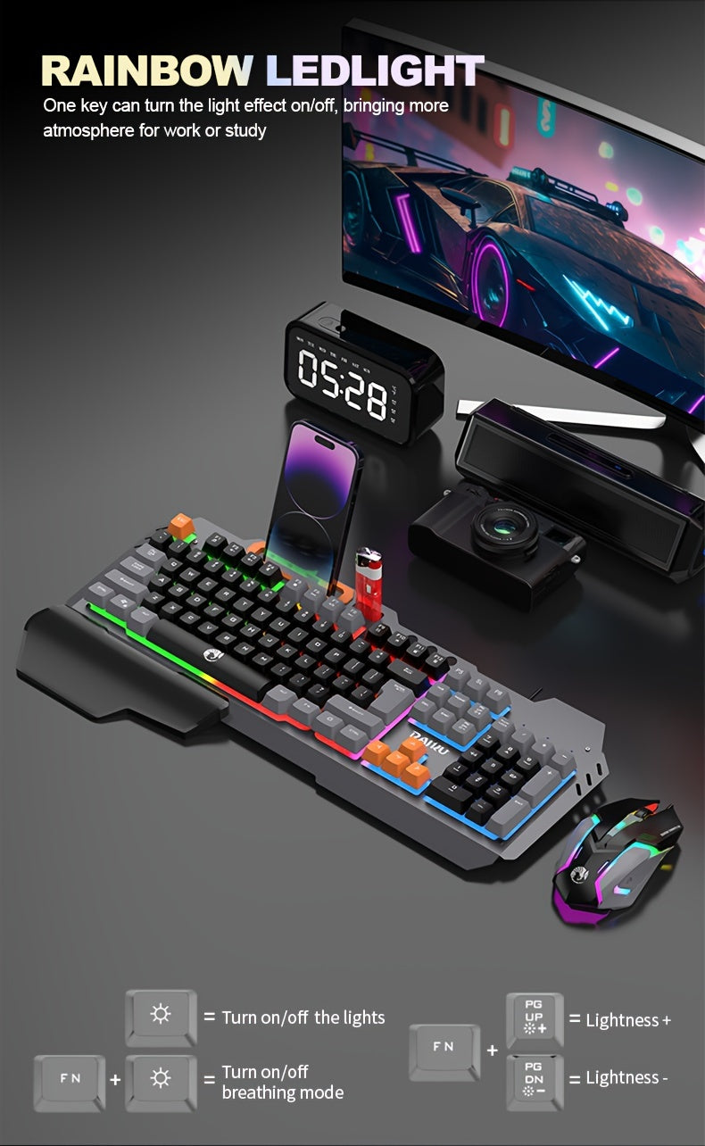 Three Colors Block Wired Keyboard And Mouse Set, Gaming Mechanical Wired Keyboard And Mouse Set Optical Backlit Gaming Keyboard Set For Gaming/Office/Laptop