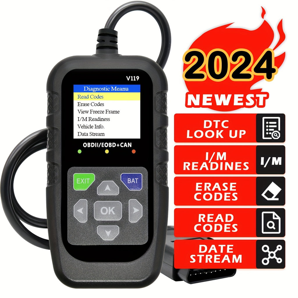 V119 OBD2 Scanner Car Diagnostic Code Reader with Voltage Test, USB-Powered Engine Fault Scan Tool, EOBD CAN Diagnostic for OBDII Vehicles, 13 Language Support, Non-Wireless, ≤36V Operation
