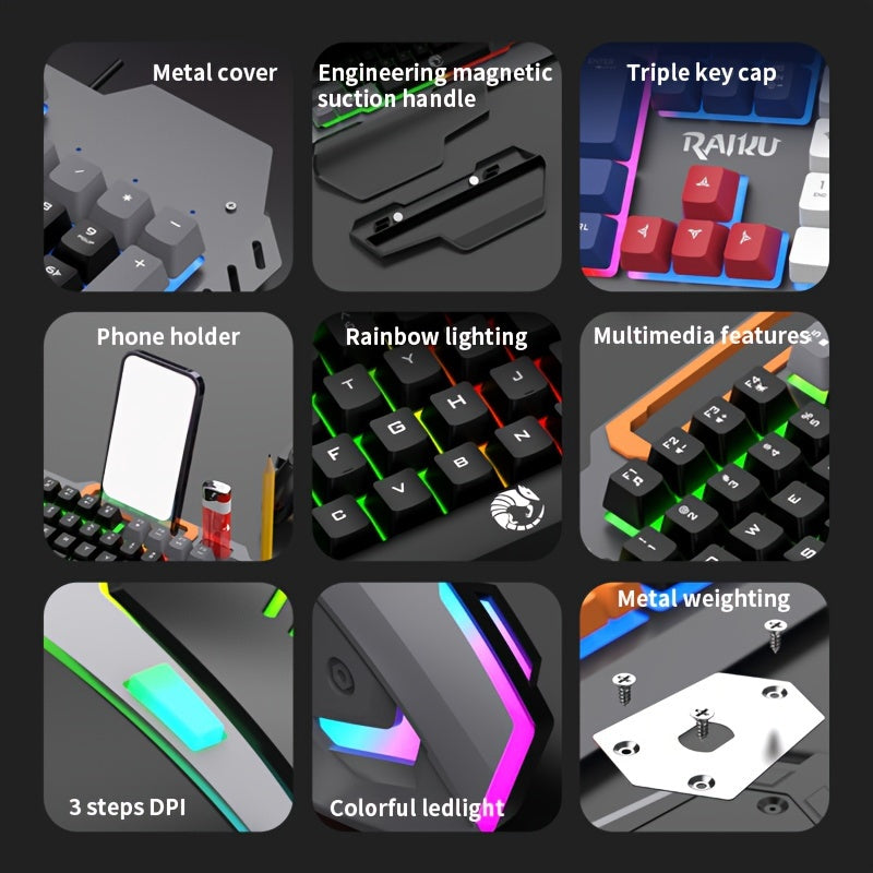 Three Colors Block Wired Keyboard And Mouse Set, Gaming Mechanical Wired Keyboard And Mouse Set Optical Backlit Gaming Keyboard Set For Gaming/Office/Laptop