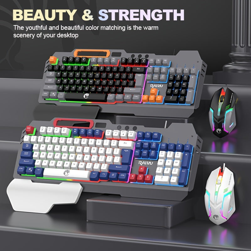 Three Colors Block Wired Keyboard And Mouse Set, Gaming Mechanical Wired Keyboard And Mouse Set Optical Backlit Gaming Keyboard Set For Gaming/Office/Laptop