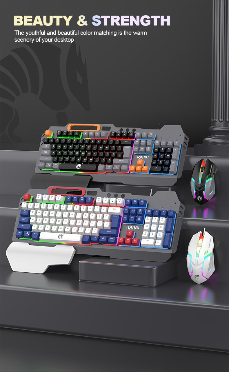 Three Colors Block Wired Keyboard And Mouse Set, Gaming Mechanical Wired Keyboard And Mouse Set Optical Backlit Gaming Keyboard Set For Gaming/Office/Laptop