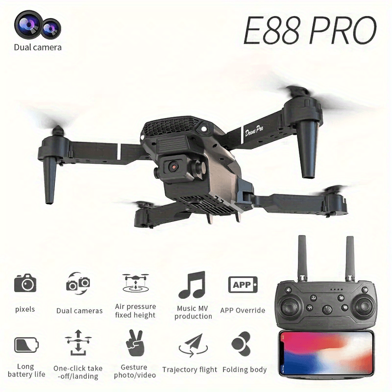 E88 Pro Dual Camera Foldable Drone - Easy One-Key Takeoff & Landing, USB Rechargeable Quadcopter for Beginners & Hobbyists, Perfect Gift for Halloween, Christmas & New Year
