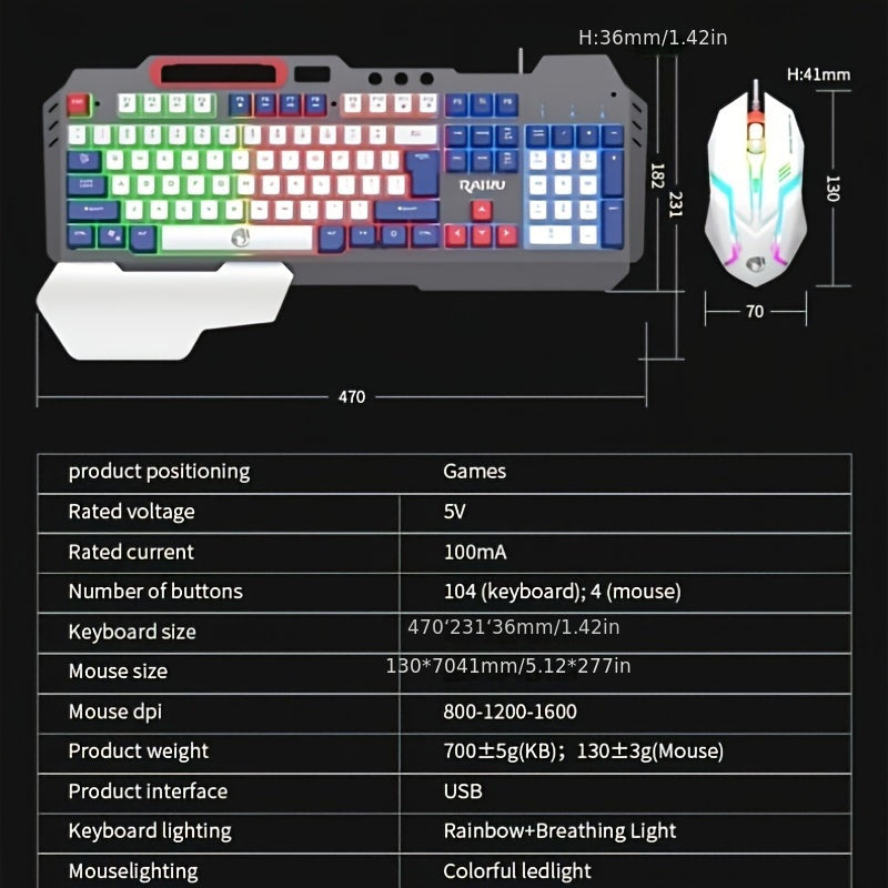 Three Colors Block Wired Keyboard And Mouse Set, Gaming Mechanical Wired Keyboard And Mouse Set Optical Backlit Gaming Keyboard Set For Gaming/Office/Laptop